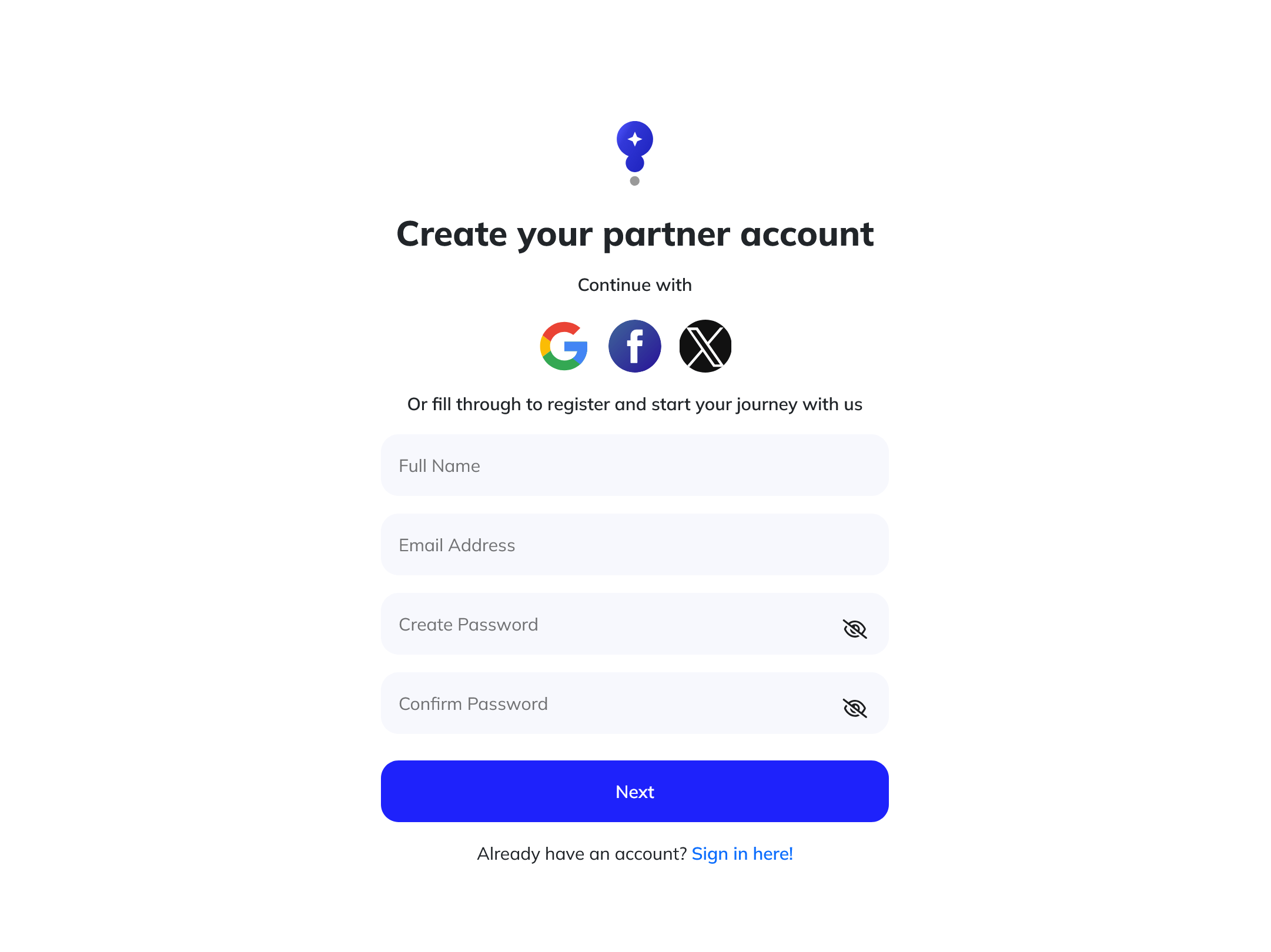 Mocket Partners signup page displayed on tablet screen with registration form